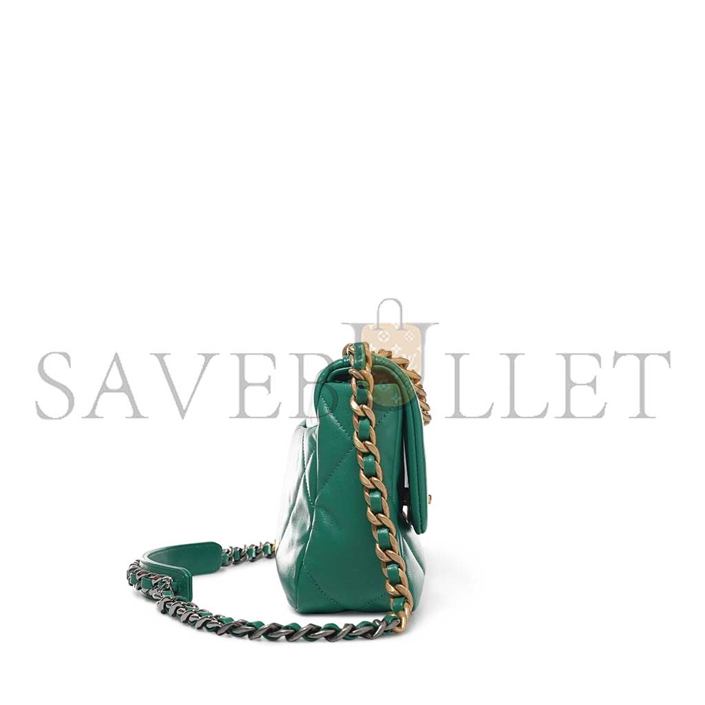 Ch*el green quilted lambskin Ch*el 19 flap gold and ruthenium hardware as1160 (26*16*9cm)